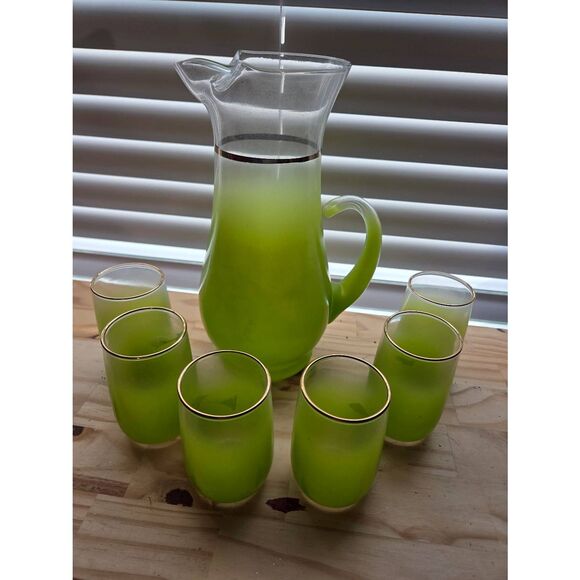 VTG Green BLENDO FROSTED PITCHER & 6 GLASSES GOLD TRIM Mid Century - Picture 2 of 3